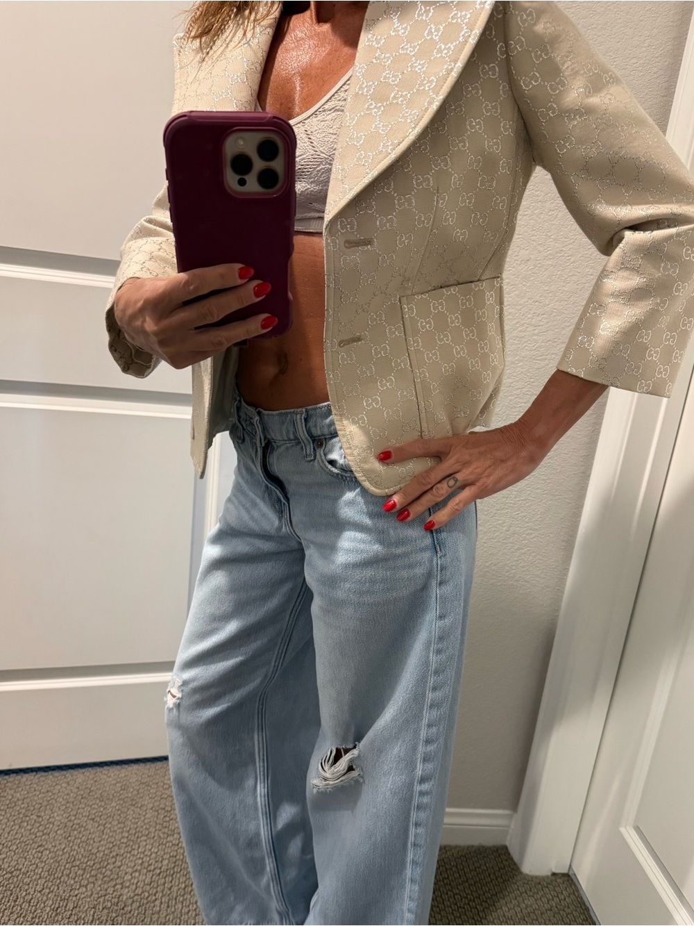 Gucci blazer 3/4 length sleeve pristine new condition size 40 sikver GG tan - Picture 14 of 15